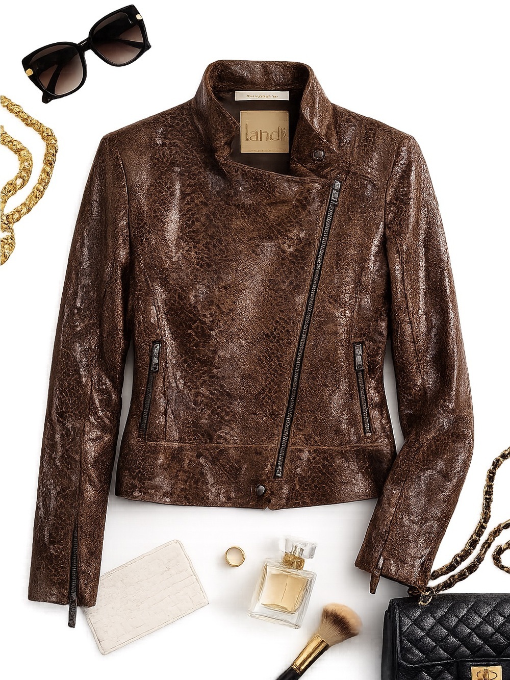 Landi Italy Oregon Python-Embossed Leather Moto Jacket Brown IT 42 US 6 - Picture 6 of 9